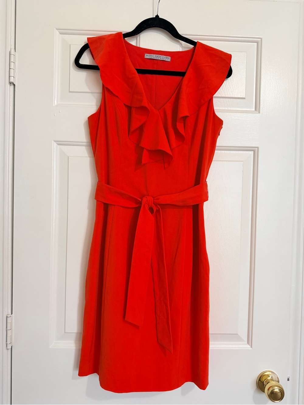 Andrew Marc Vibrant Burnt Orange Ruffle Belted Mini Dress